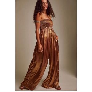 Free People Julie Jumpsuit Strapless Smocked Wide Leg Gold Copper Metallic